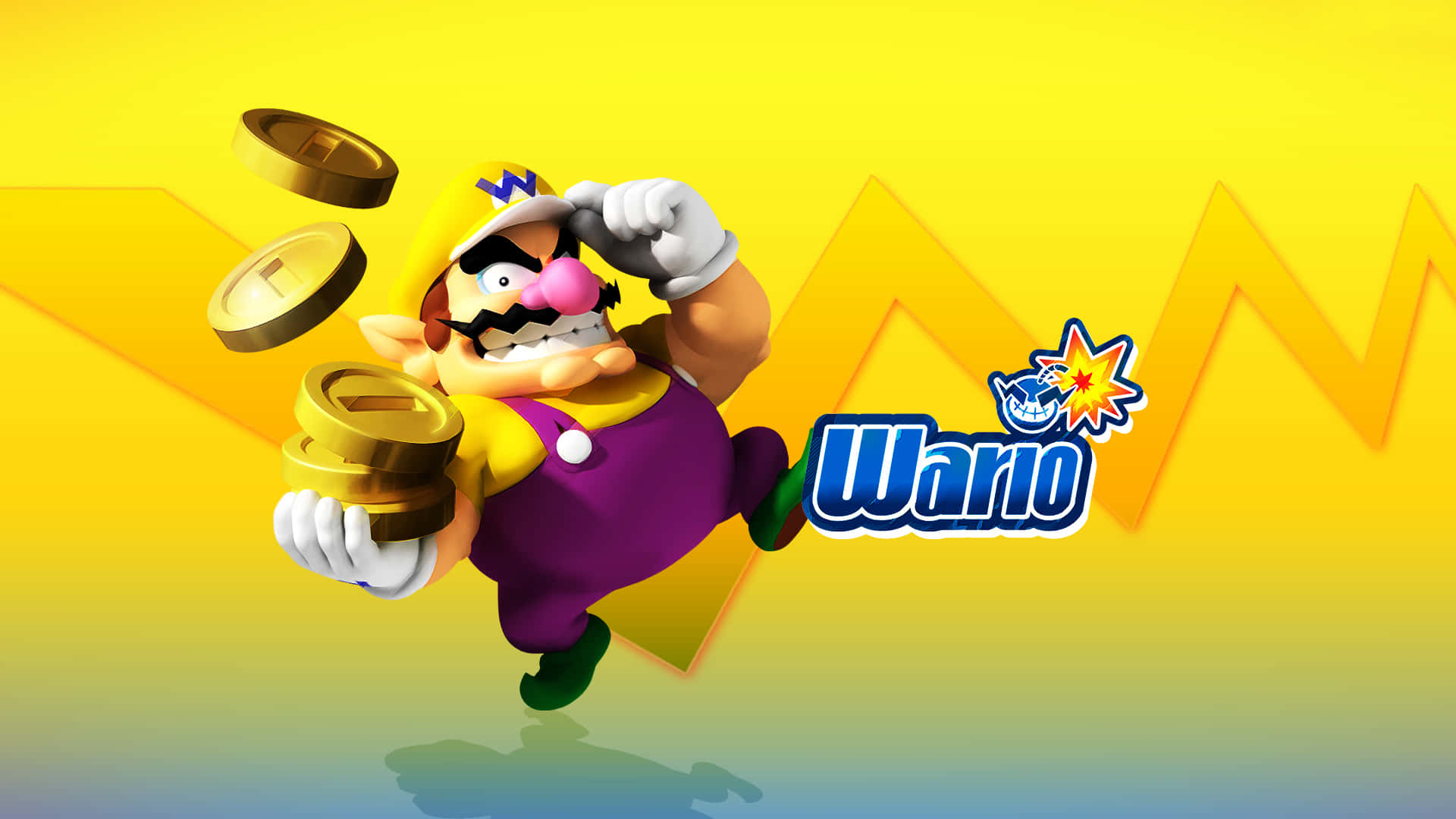 Wario Smirking In A Colorful, Action-packed Background Background