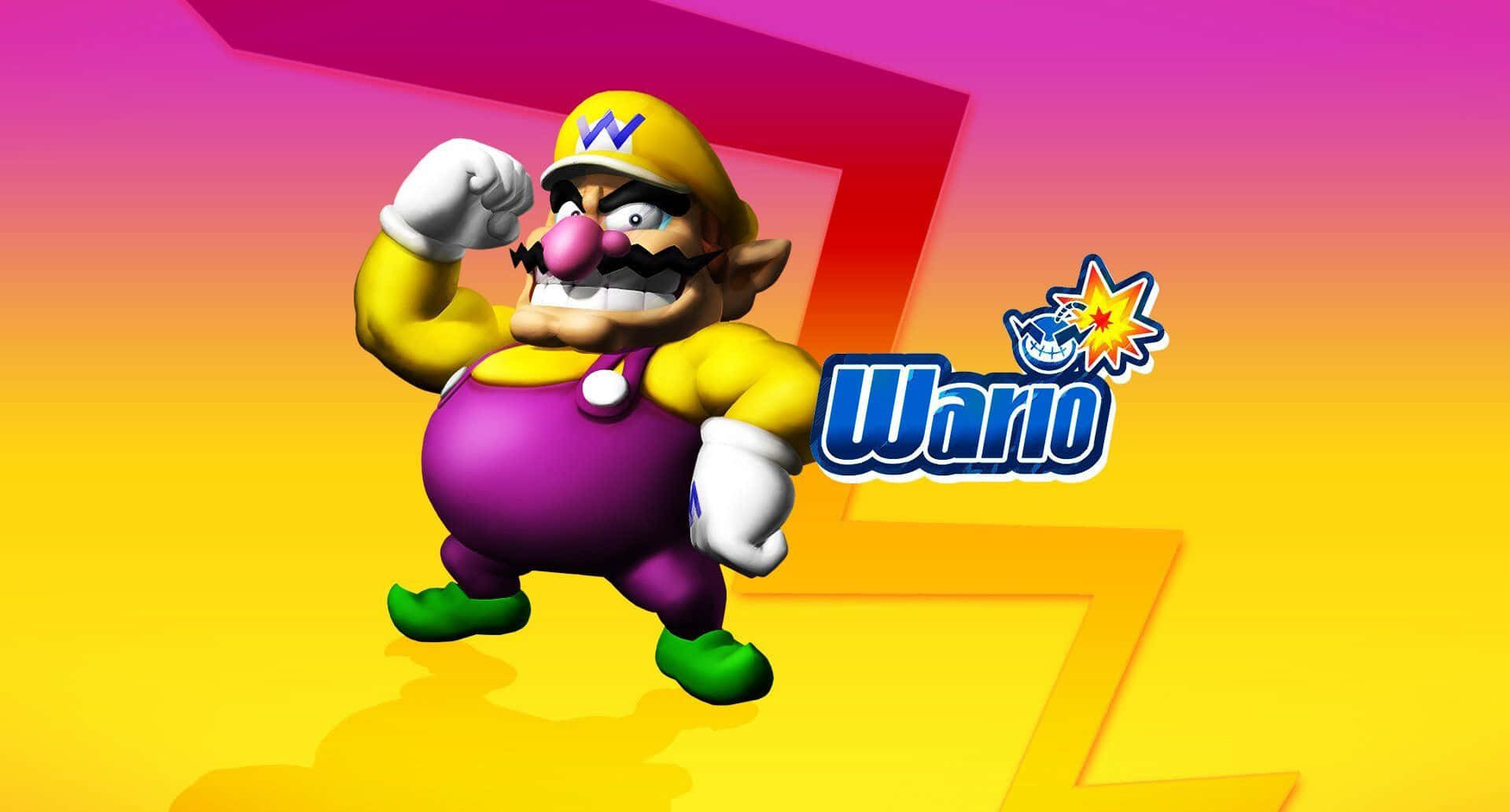 Wario Smirking In His Signature Pose With Bright Yellow And Purple Background