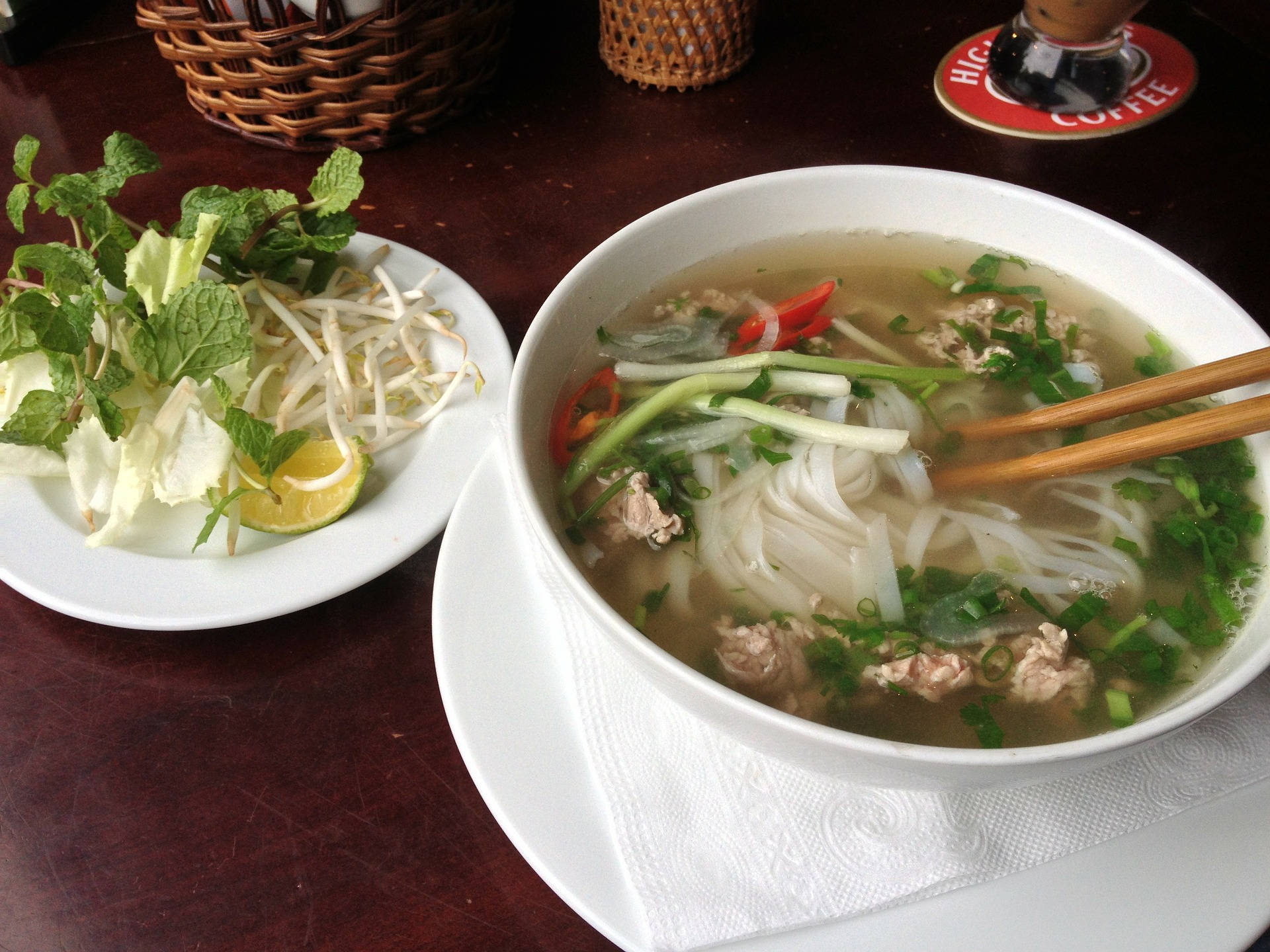 Warm Bowl Of Traditional Vietnamese Pho With Rice Noodles. Background