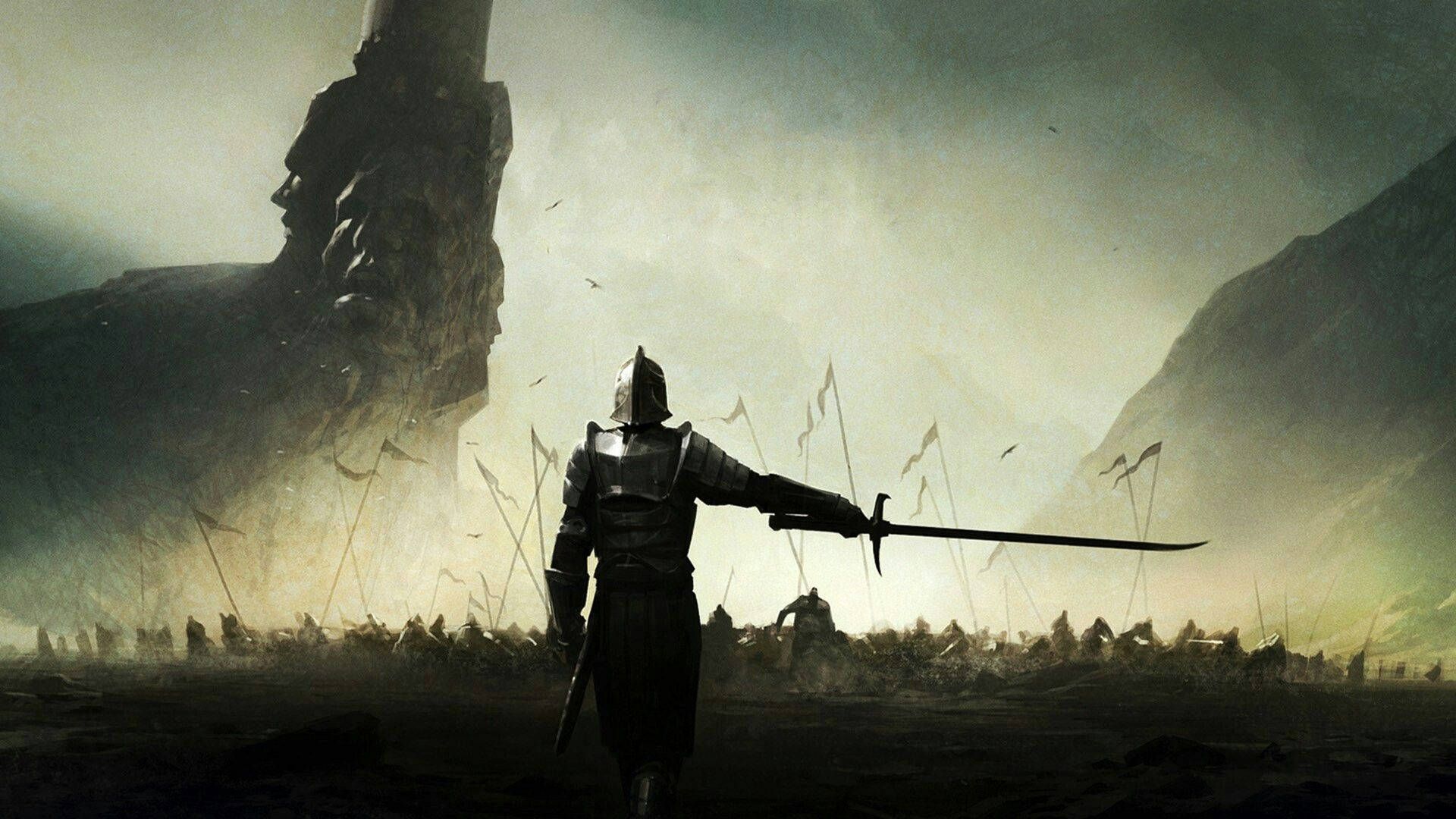 Warrior In Metal Armor Holding Sword Background