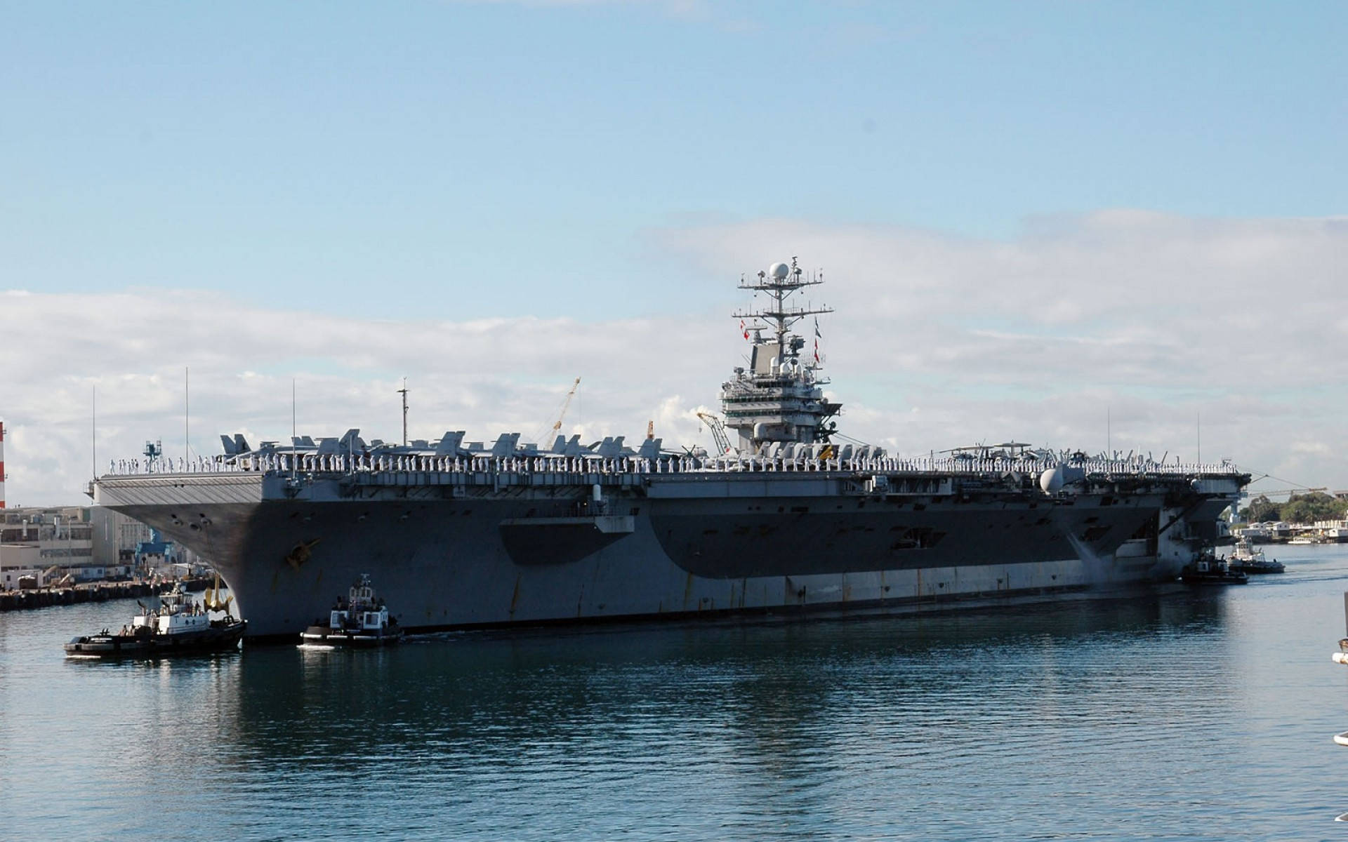 Warship Escorted By Small Boats Background