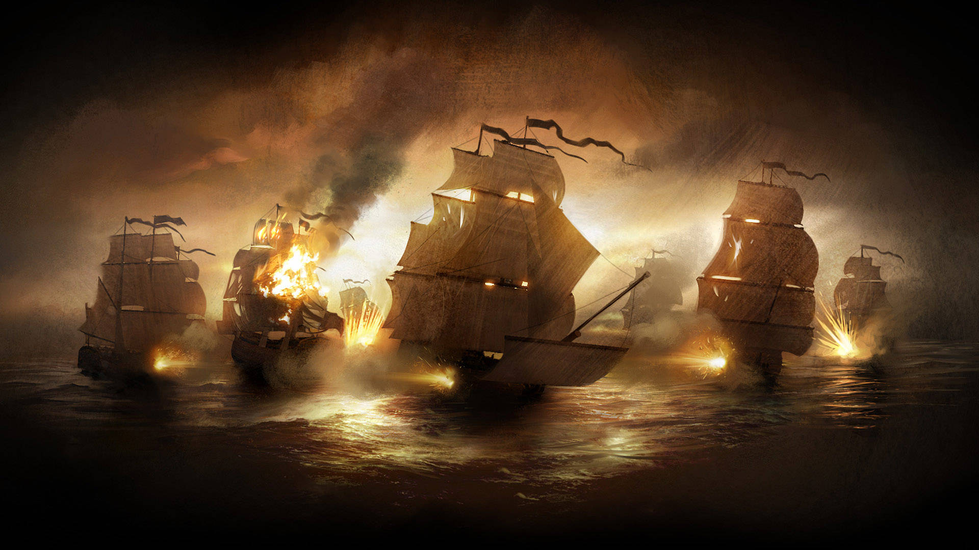 Warship Galleons Burning In Ocean Background