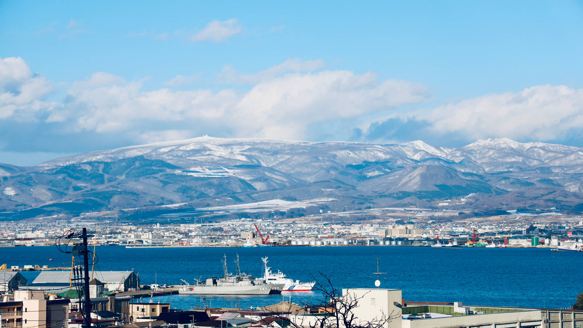 Warship On Picturesque Landscape Background