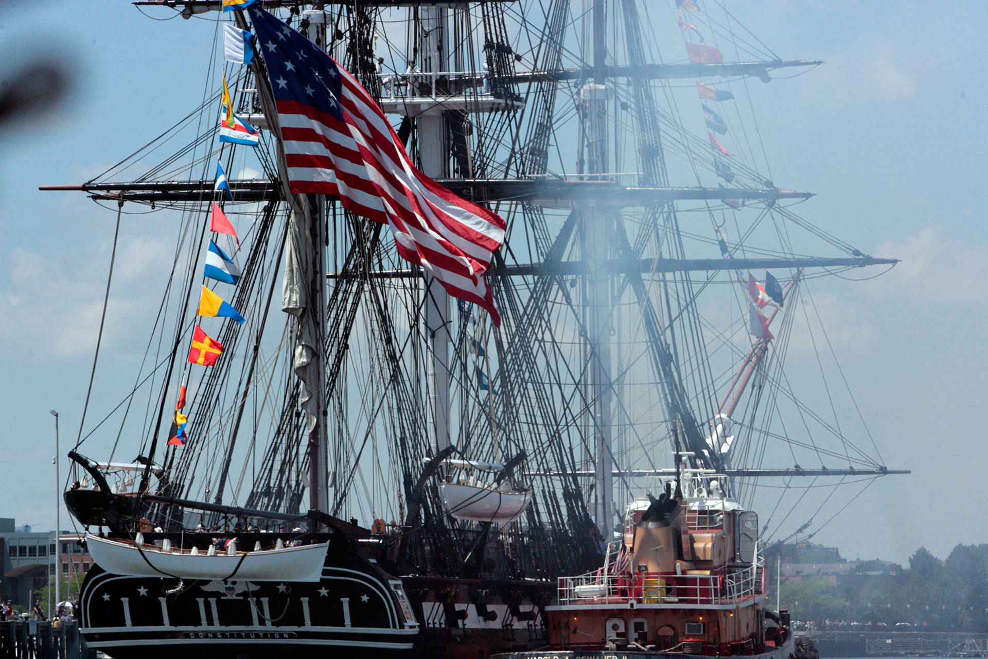 Warship With American Flag Background