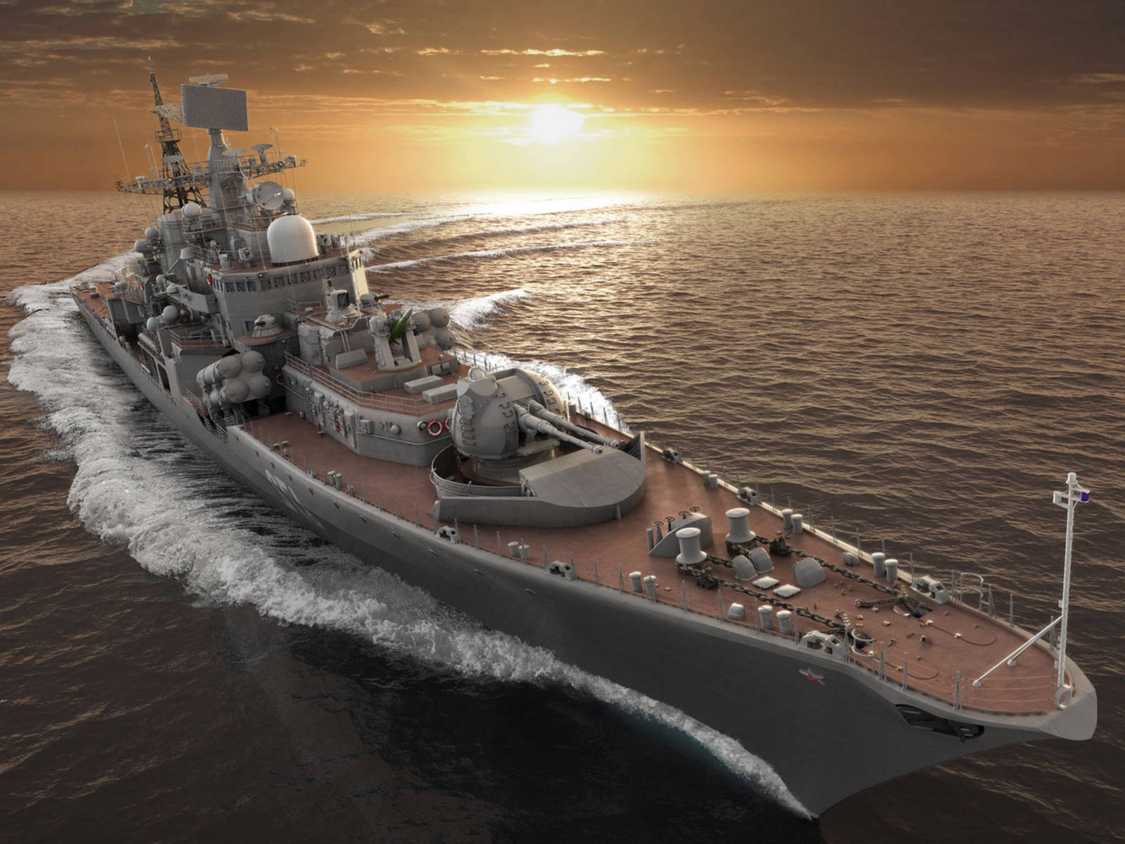 Warship With Sunset Background