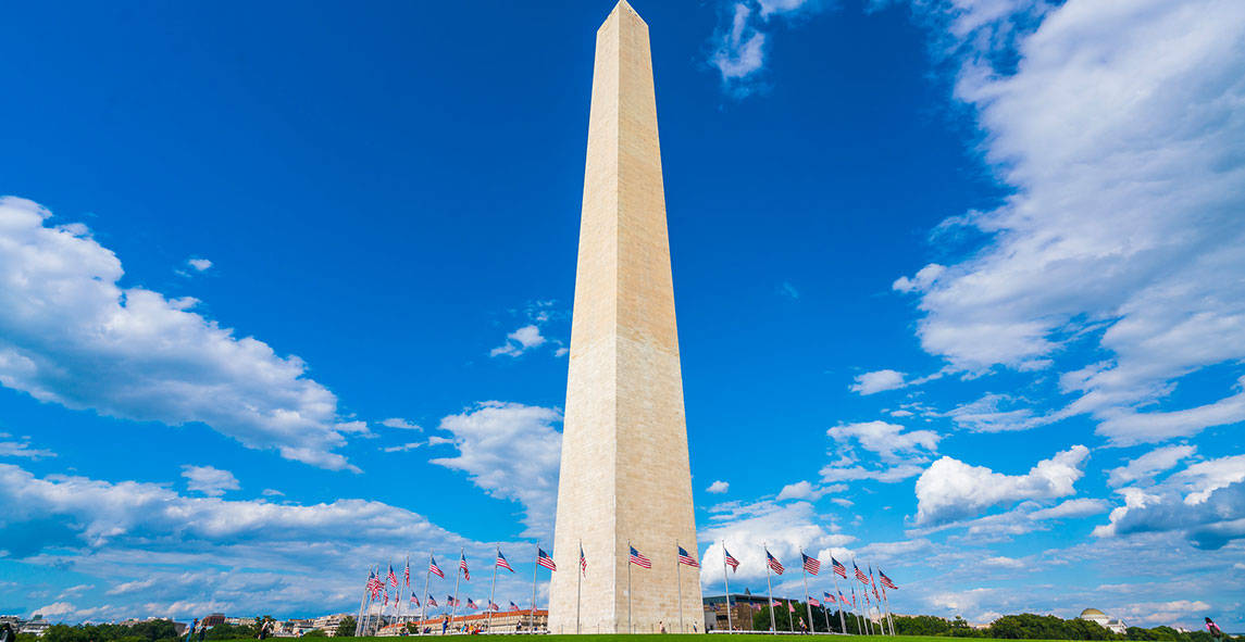 Washington Monument Bright Blue Sky Background