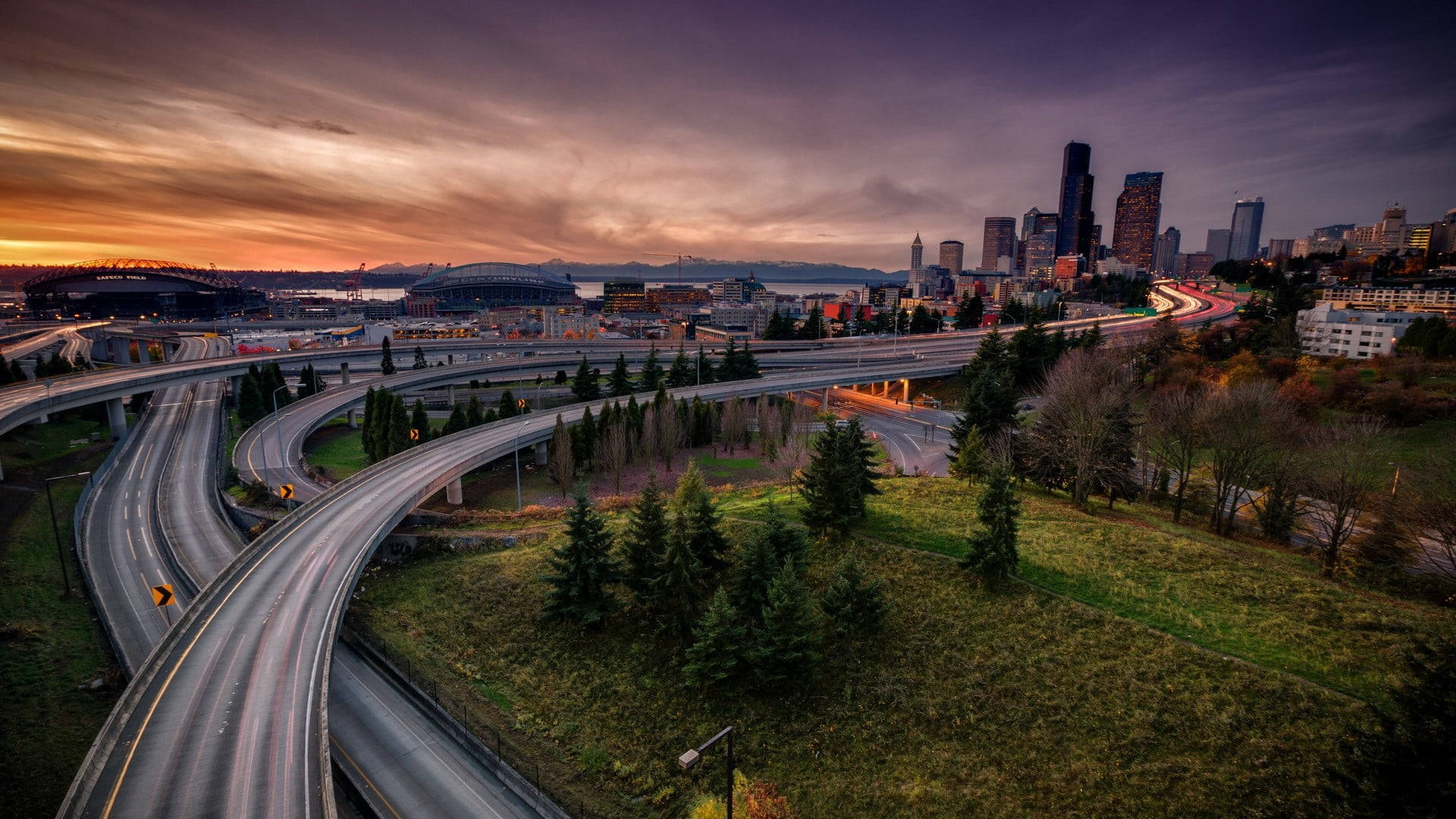 Washington Seattle Highways Sunset Background