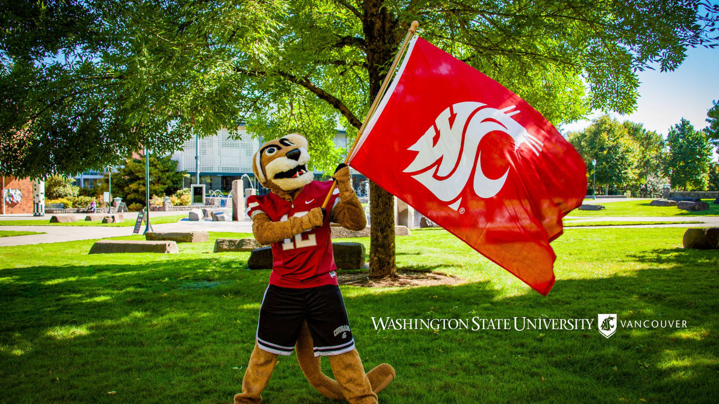 Washington State University Mascot Holding The School Flag Background