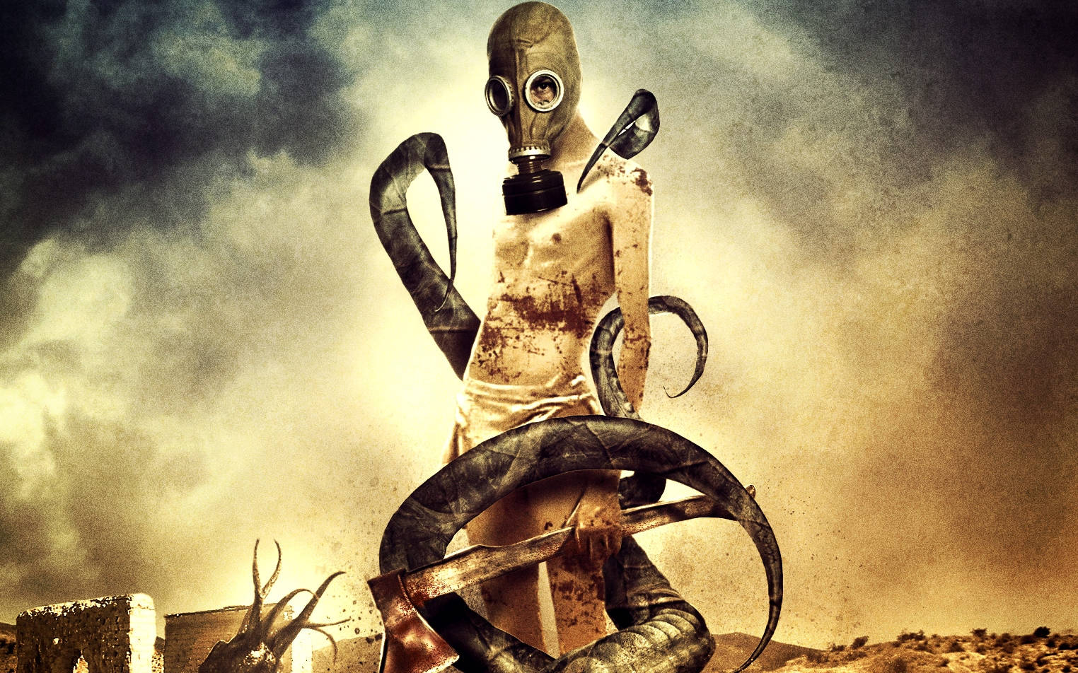 Wasteland Man With Gas Mask Background