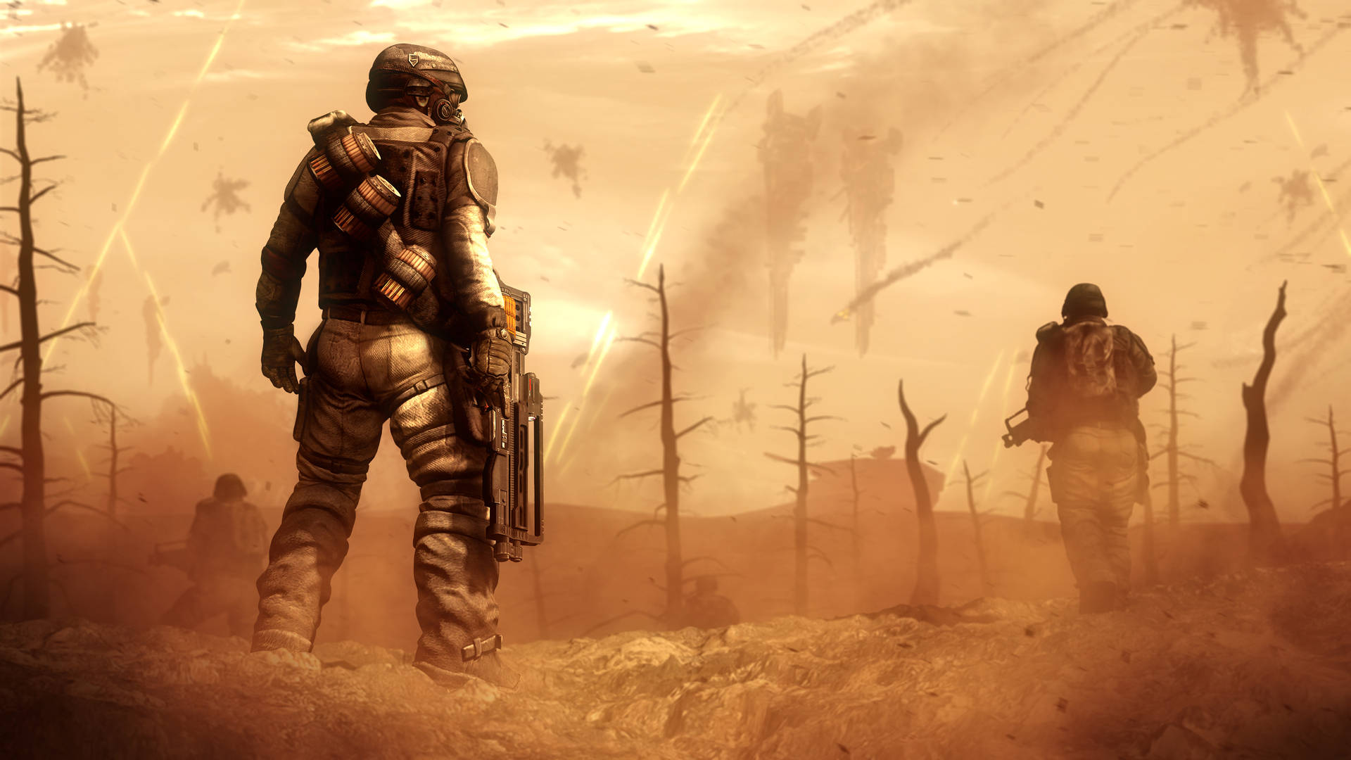 Wasteland Soldiers In Battlefield Background