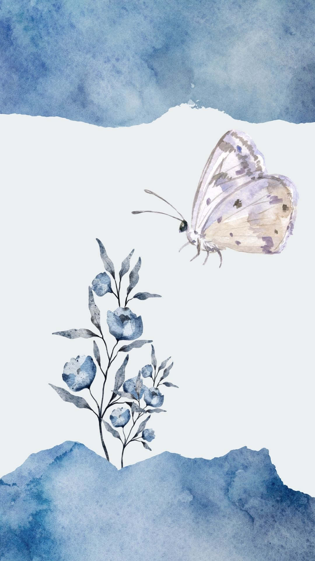 Watercolor Butterfly On Blue Background With Flowers Background