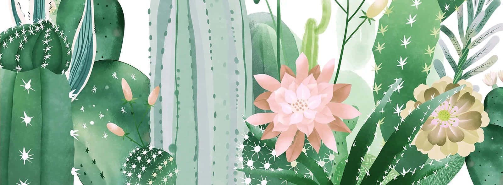 Watercolor Cactus Garden Panorama Background