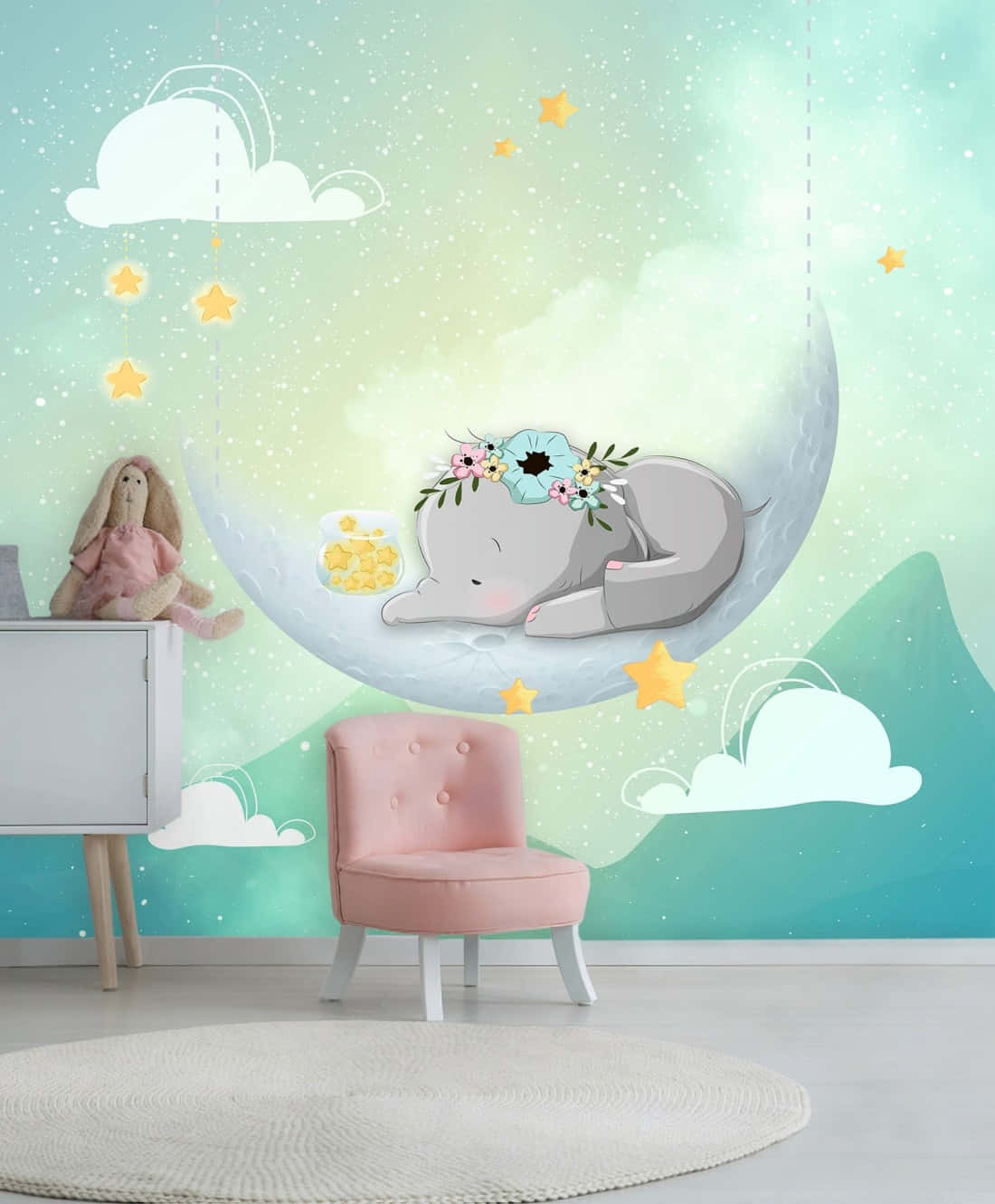 Watercolor Cute Elephant With Moon Wall Mural Background
