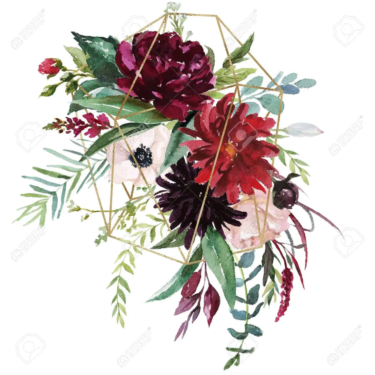 Watercolor Floral Arrangement With A Geometric Frame Background