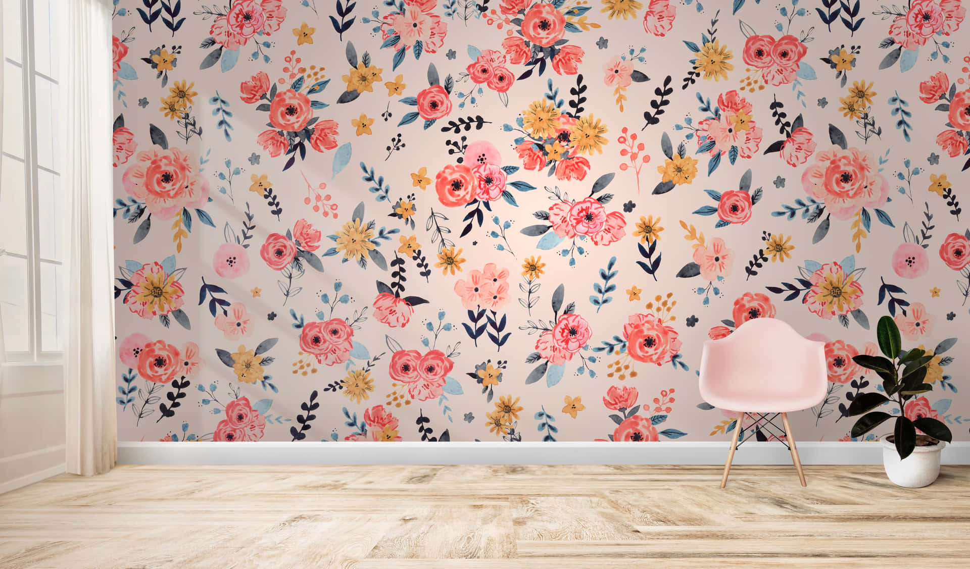 Watercolor Floral In A Living Room Background