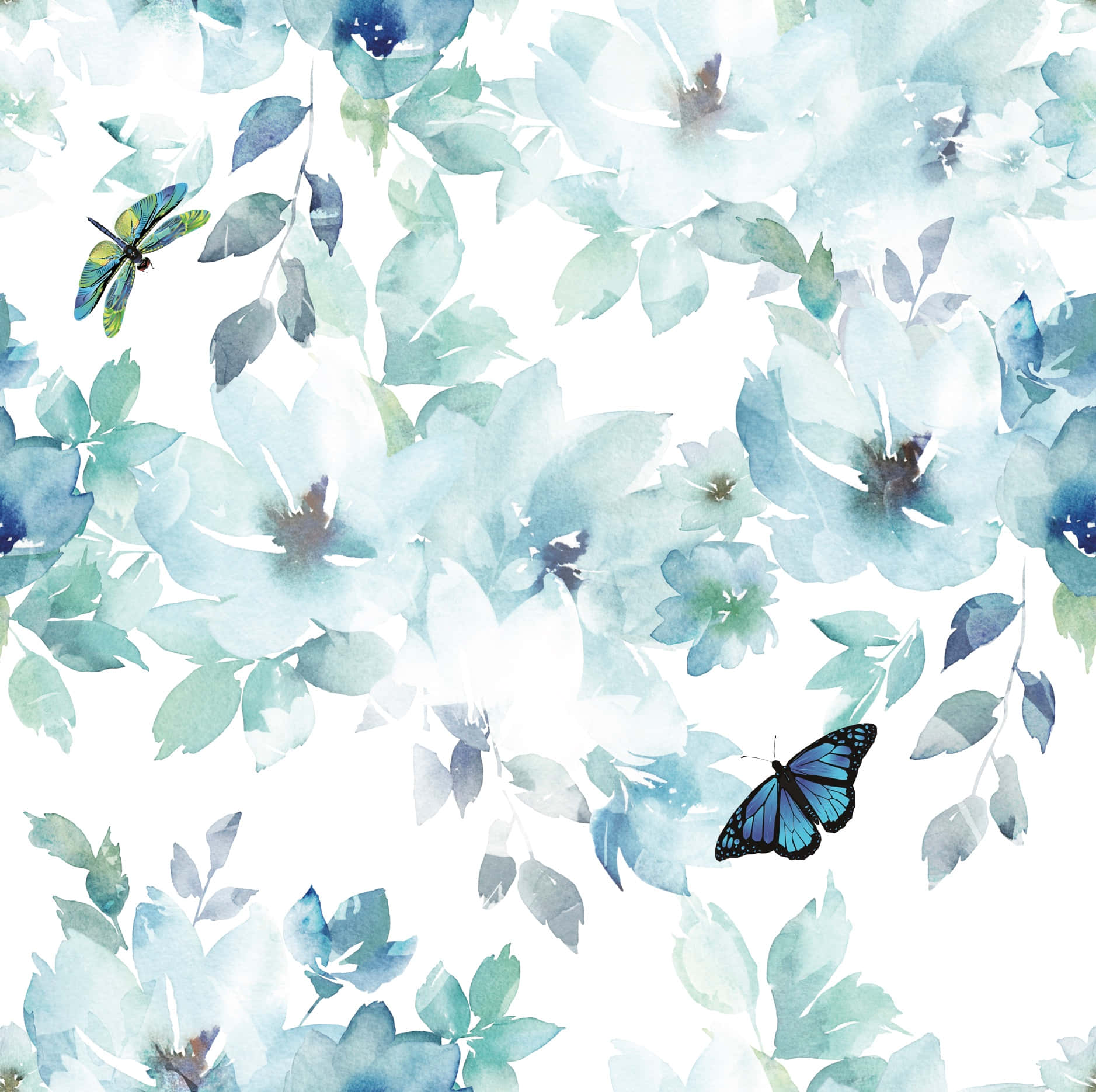 Watercolor Floral With Blue Butterflies Background