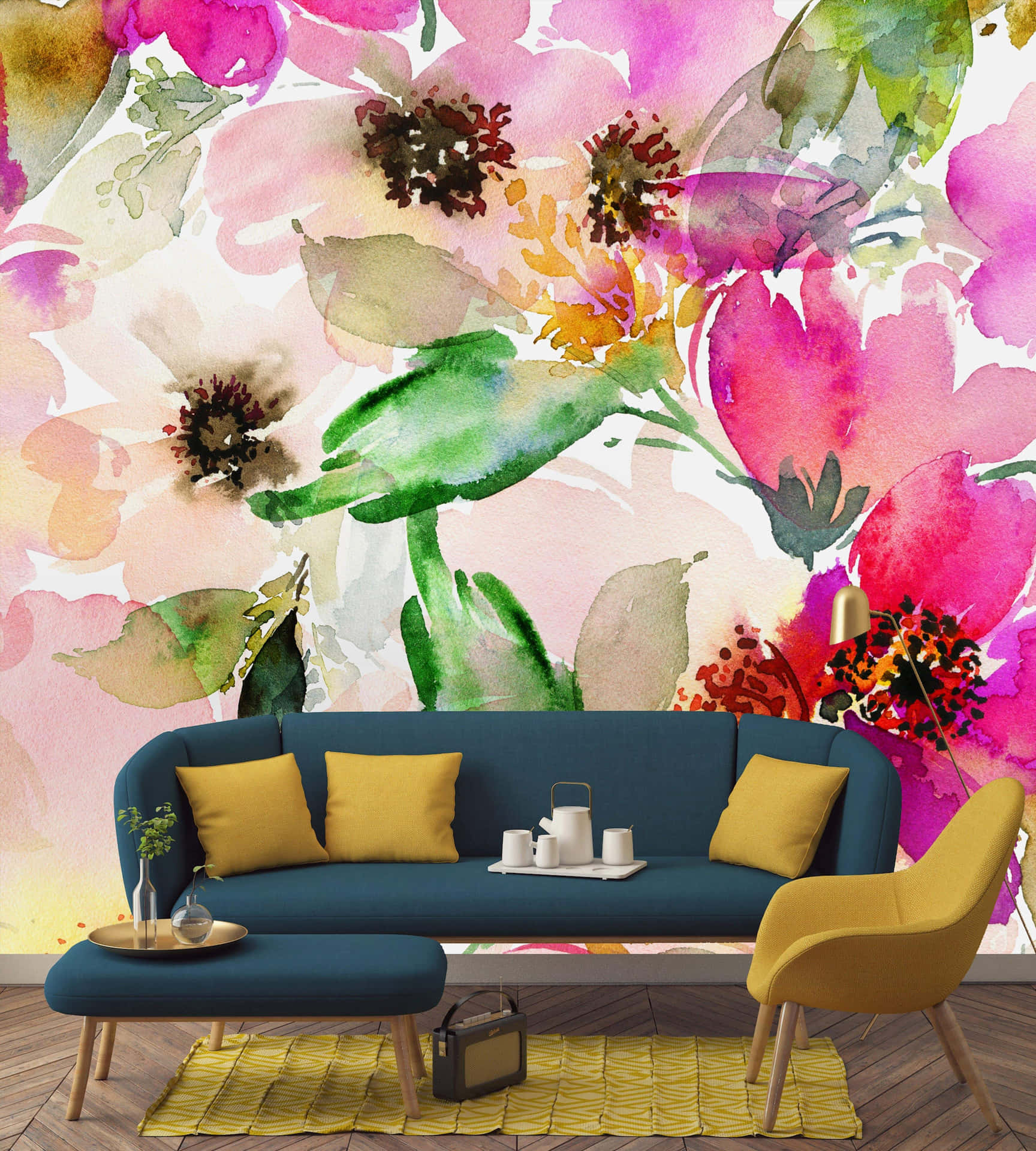 Watercolor Floral With Dark Green Couch Background