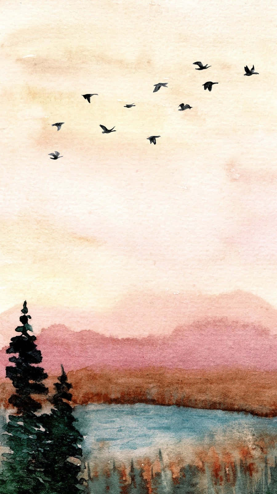 Watercolor_ Sunset_and_ Birds_ Flight Background