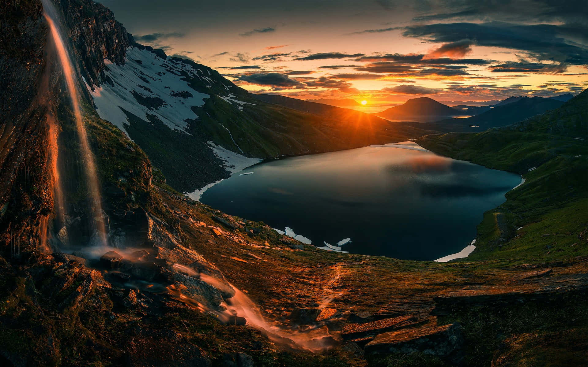 Waterfall And Mountains Sunset Landscape