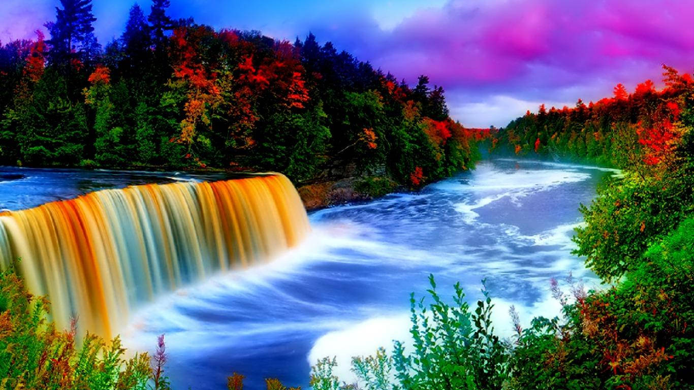Waterfall In Colorful Painting Background