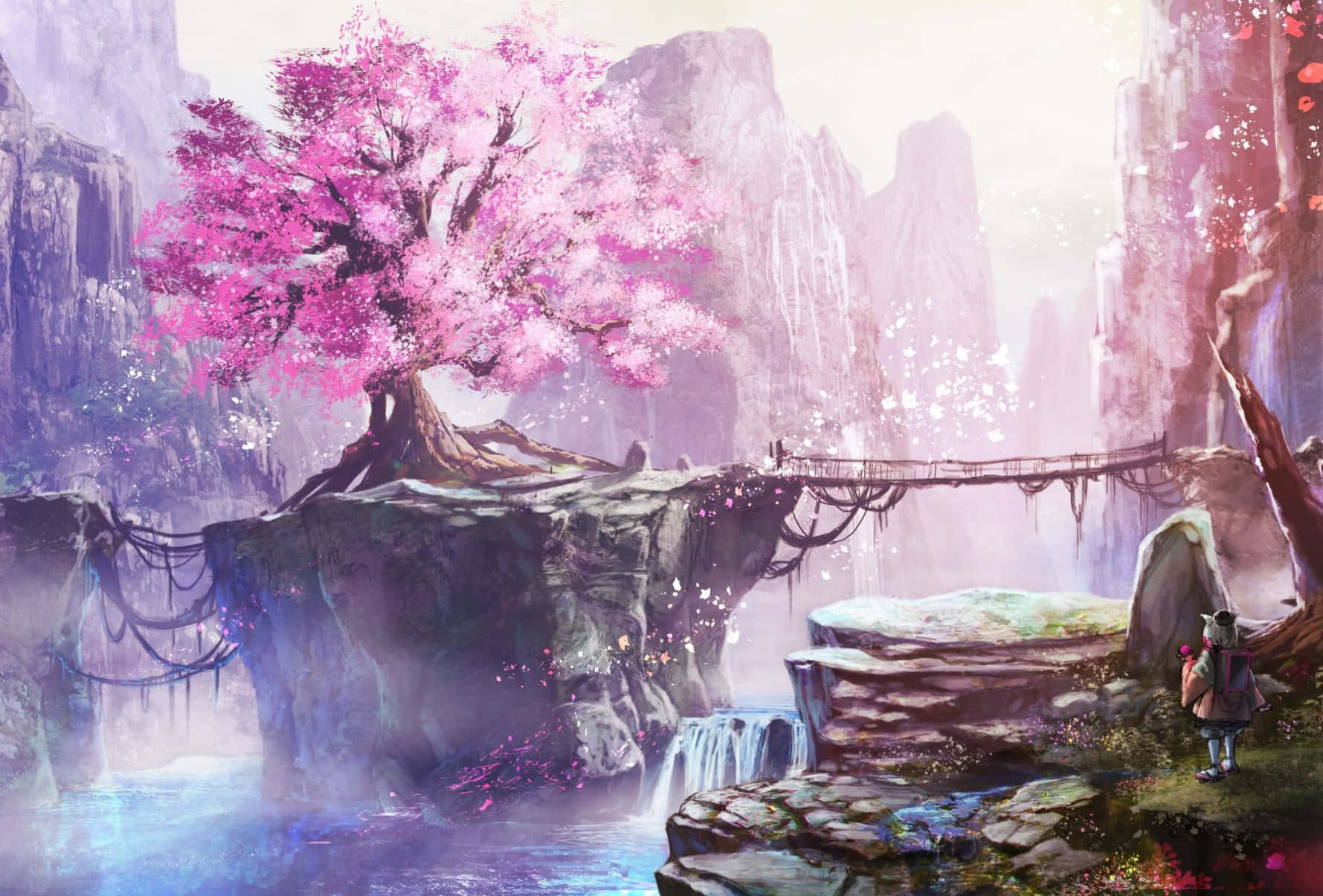 Waterfall With Sakura Anime Tree Scenery Digital Painting Background