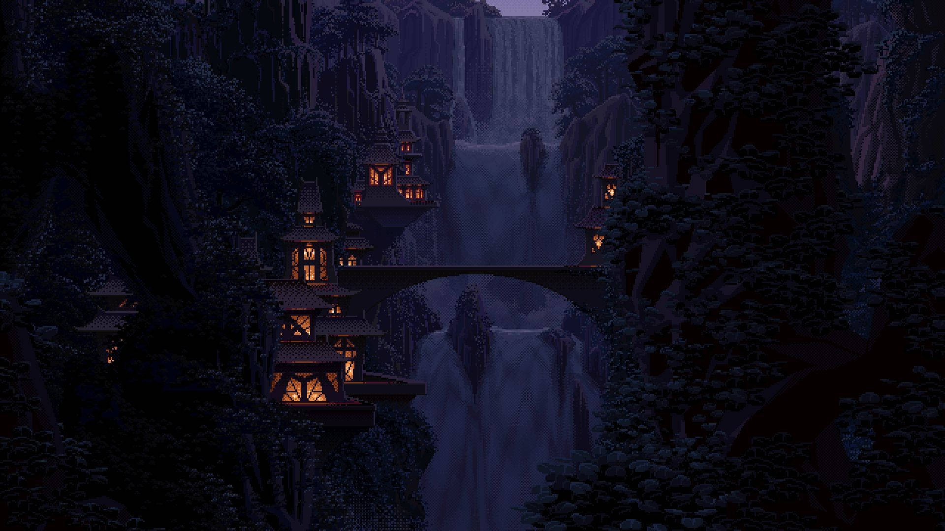 Waterfalls In Forest Night Pixel Art Background