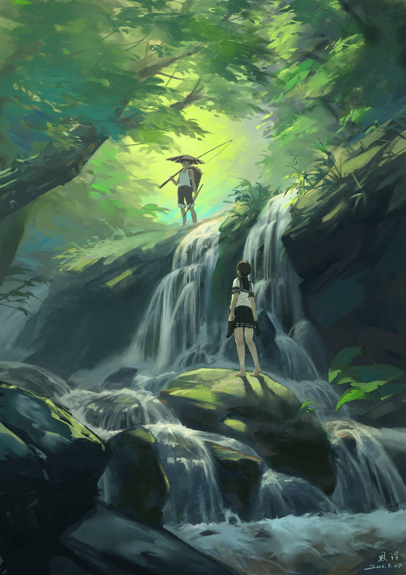 Waterfalls Jungle Boy And Girl Art Background