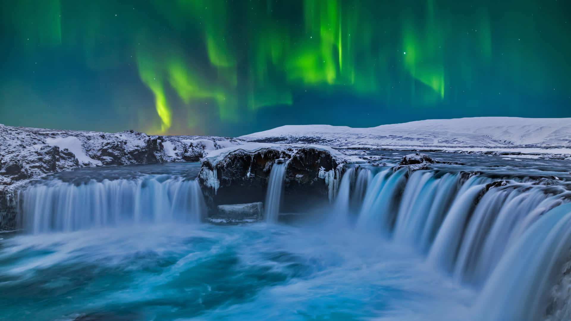 Waterfalls With Aurora In Iceland Desktop