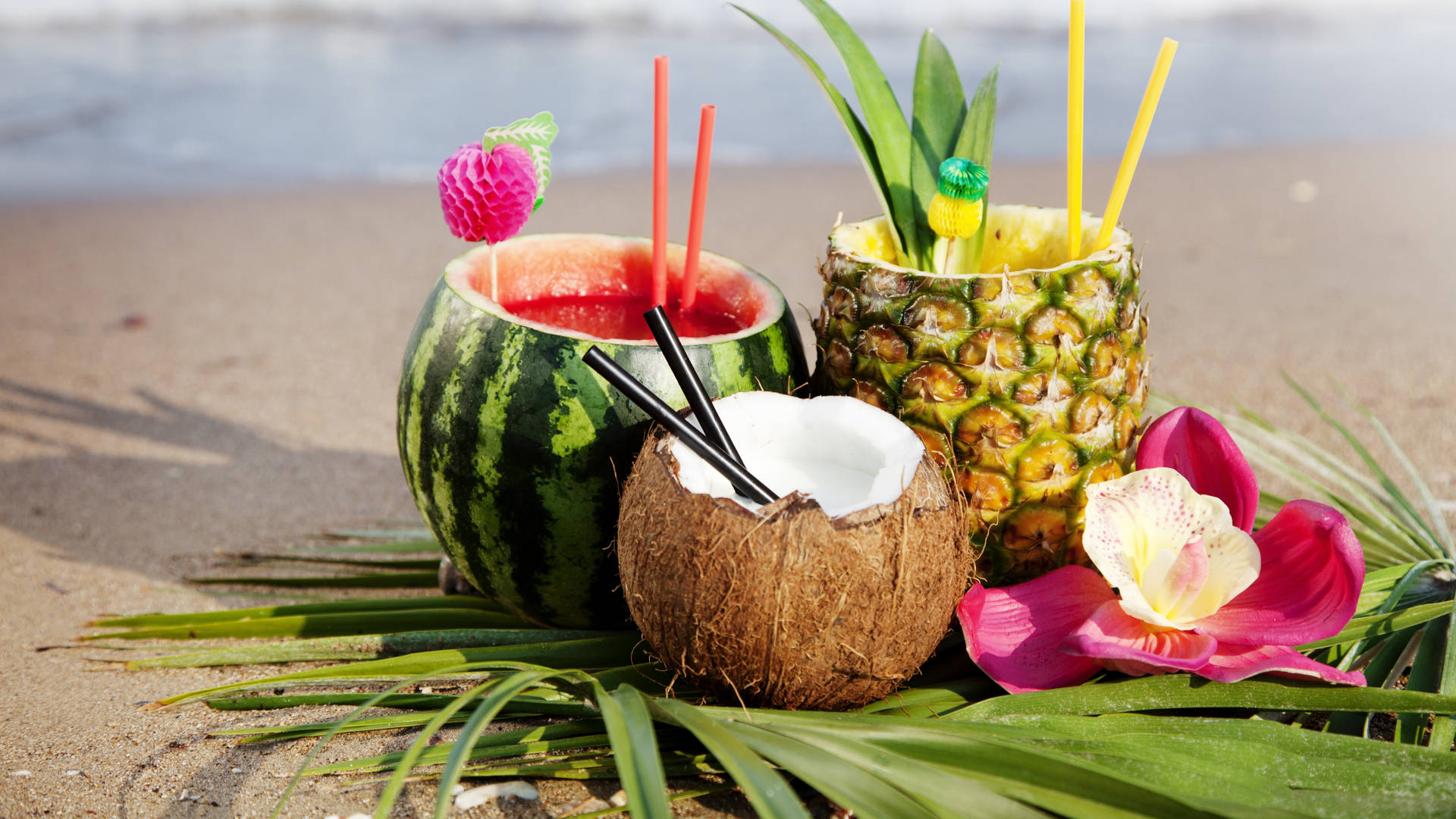 Watermelon, Pineapple And Coco Tropical Drinks Background