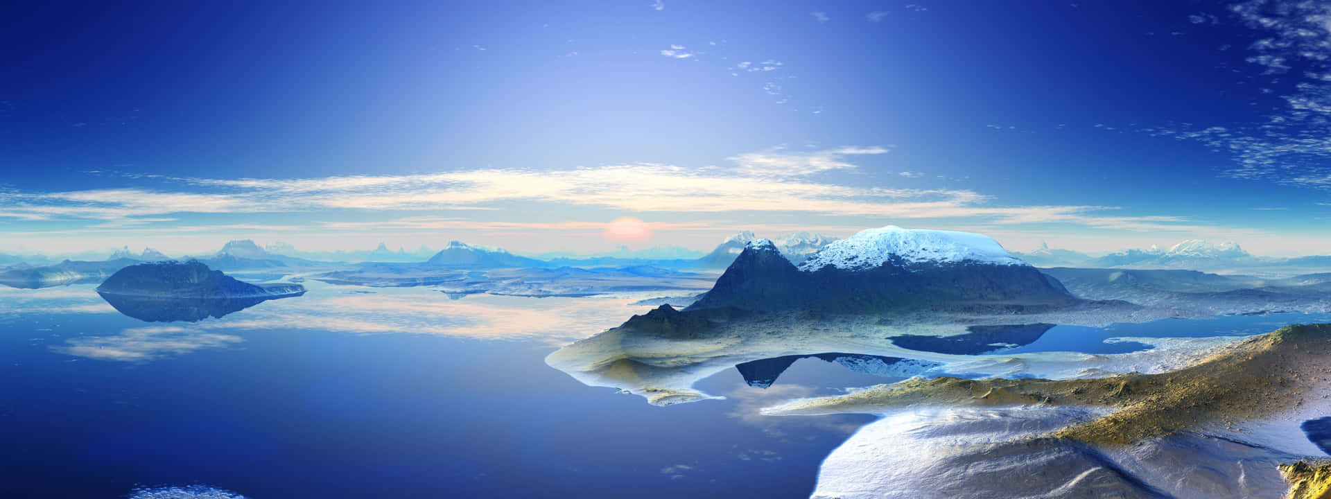 Waters Surrounding Mountains As A Panoramic Desktop Background