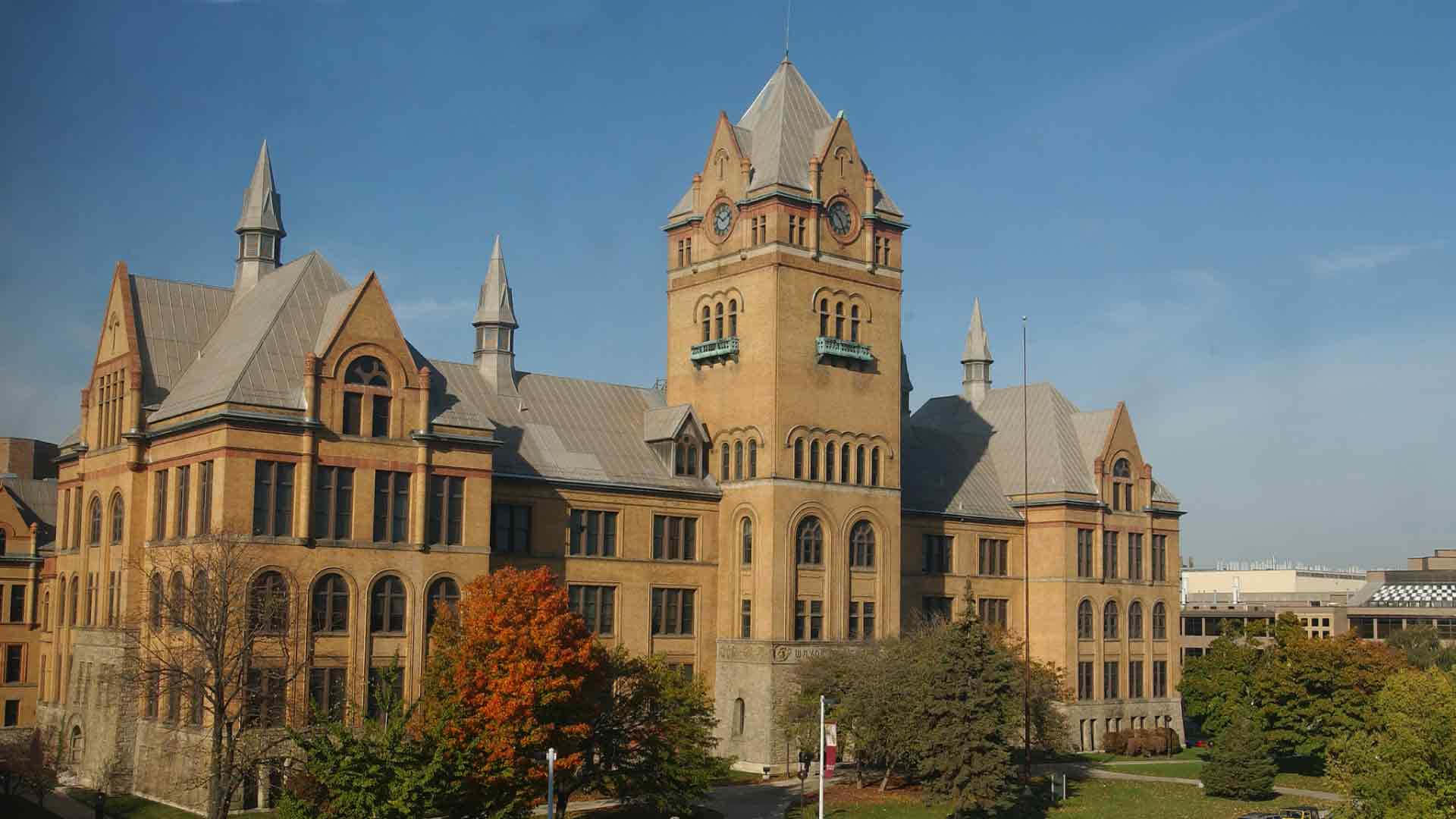 Wayne State University Main Building And Blue Sky Background