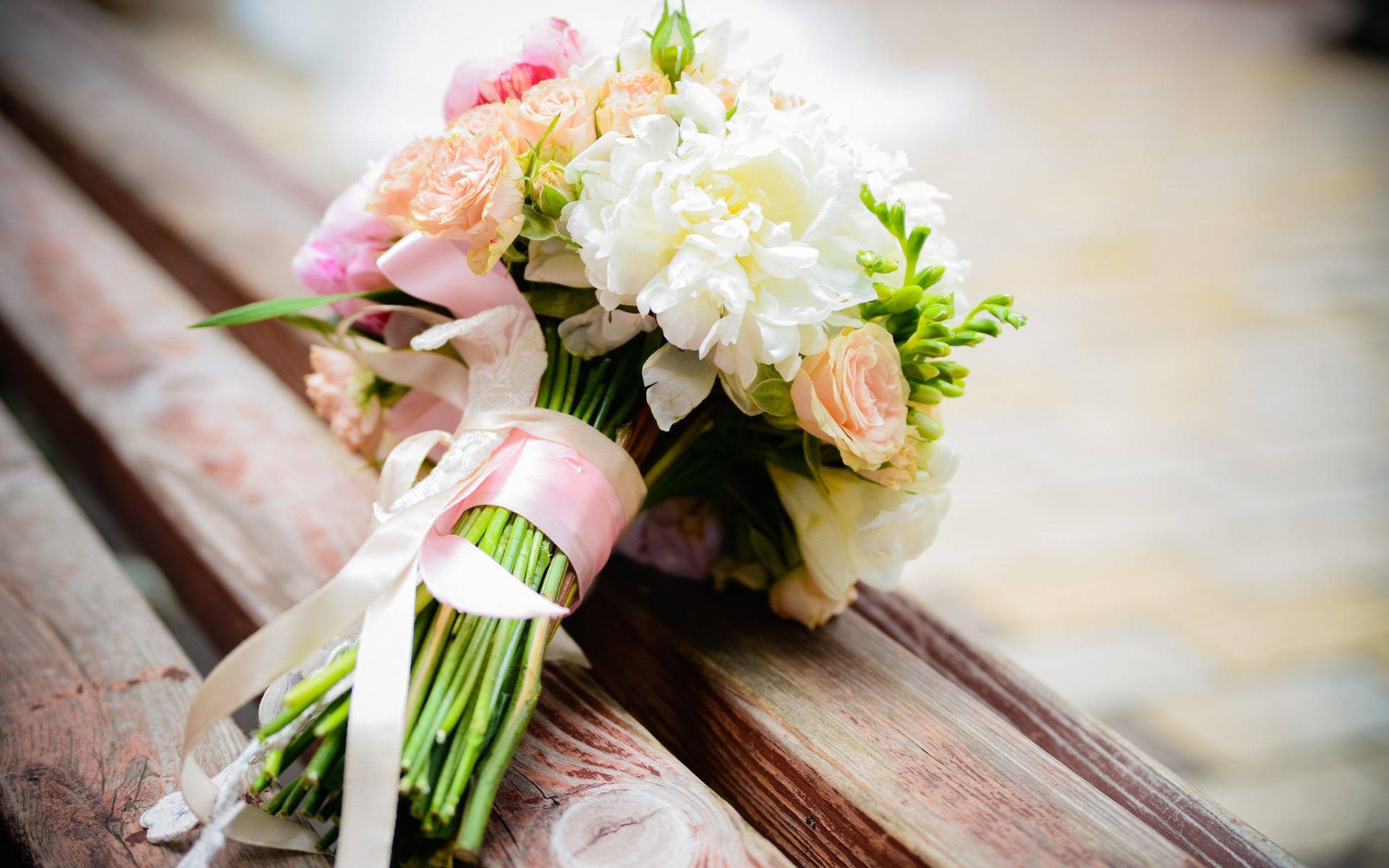 Wedding Bouquet On Wooden Bench