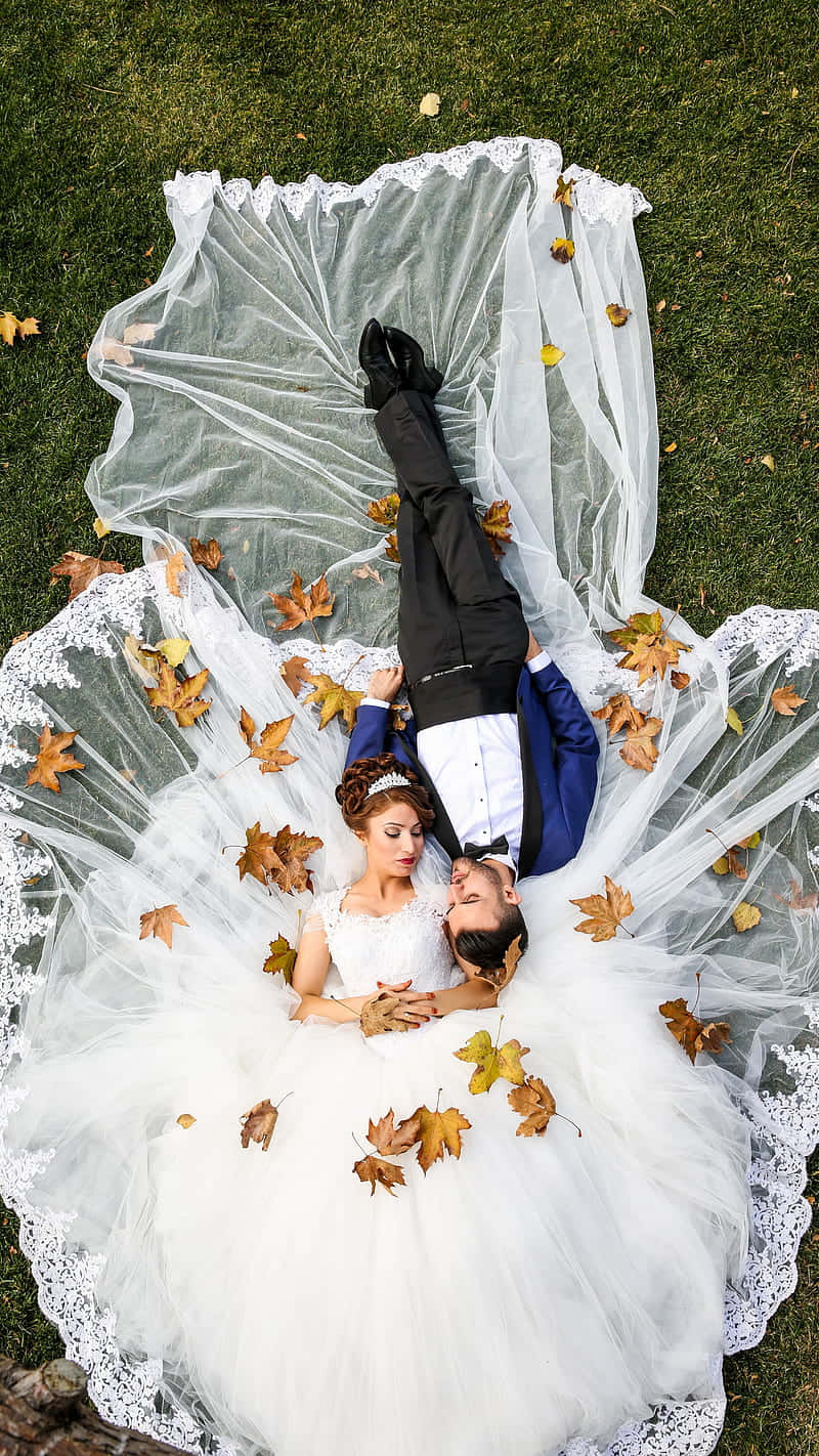 Wedding Couple Autumn Leaves Background