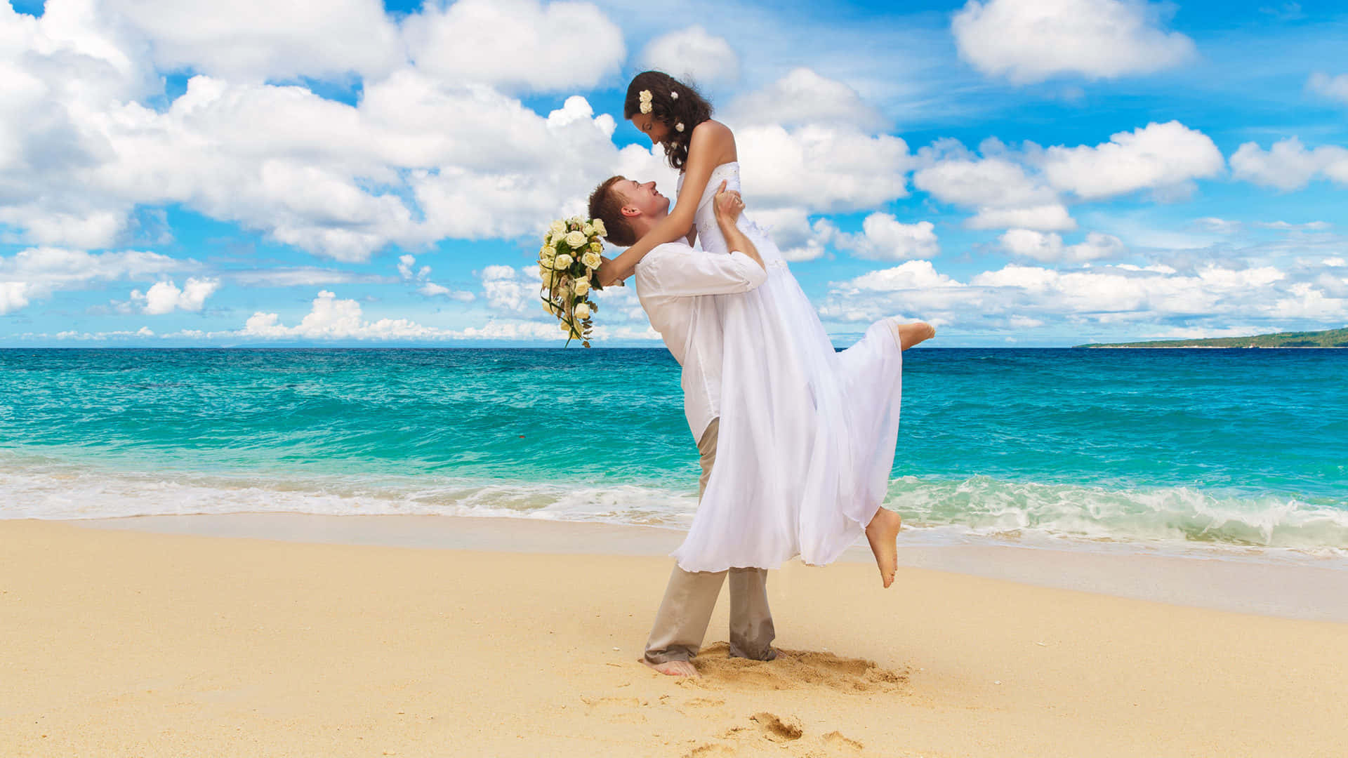 Wedding Couple Cloudy Sky Background