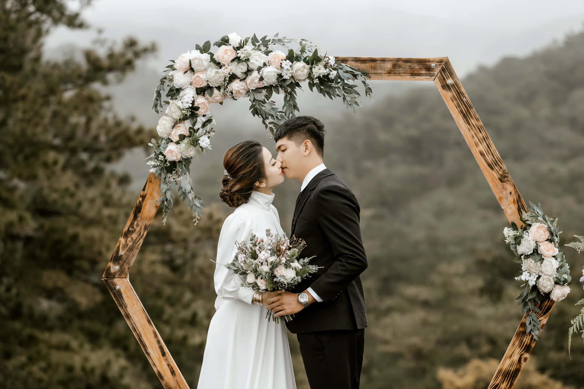 Wedding Couple Kissing Lips