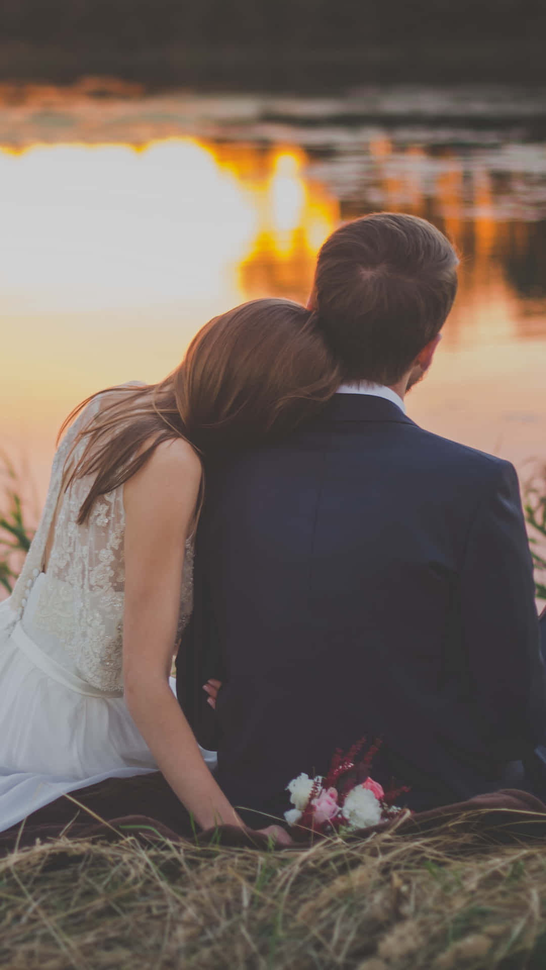 Wedding Couple Lake Sitting