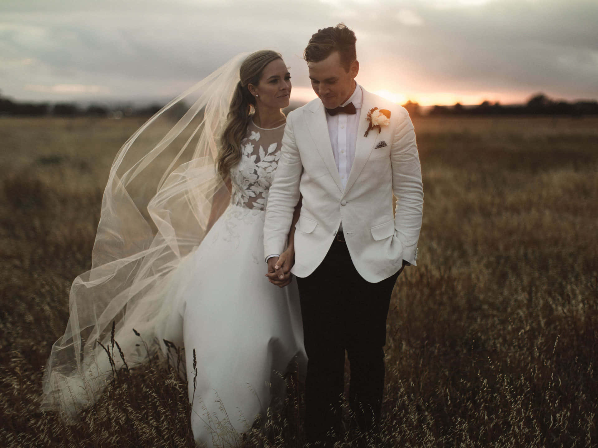 Wedding Couple Sunset Field Background