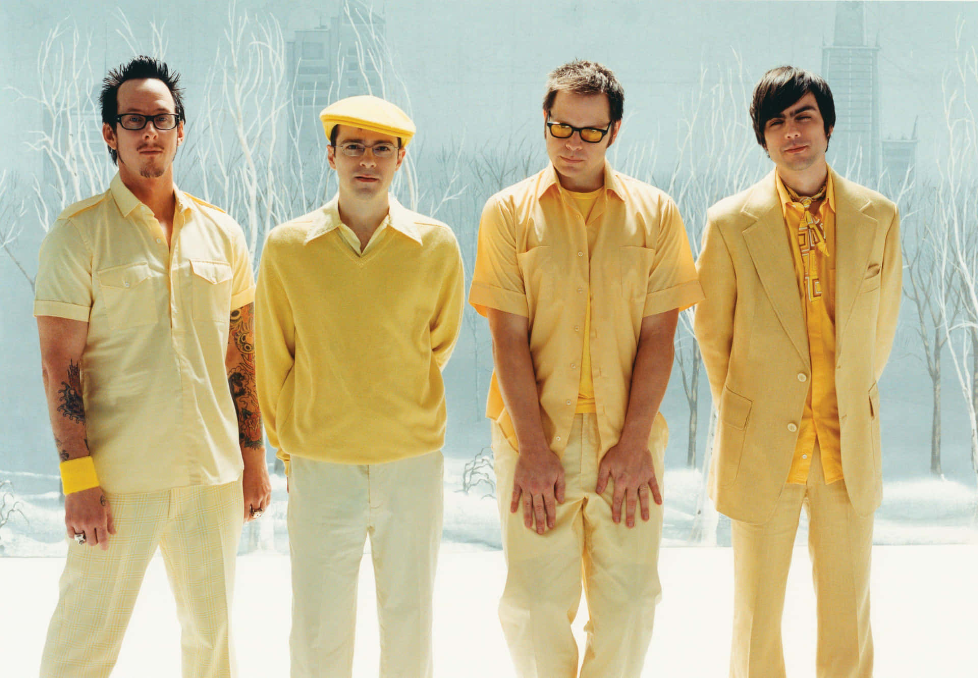 Weezer Bandin Yellow Outfits Winter Backdrop Background