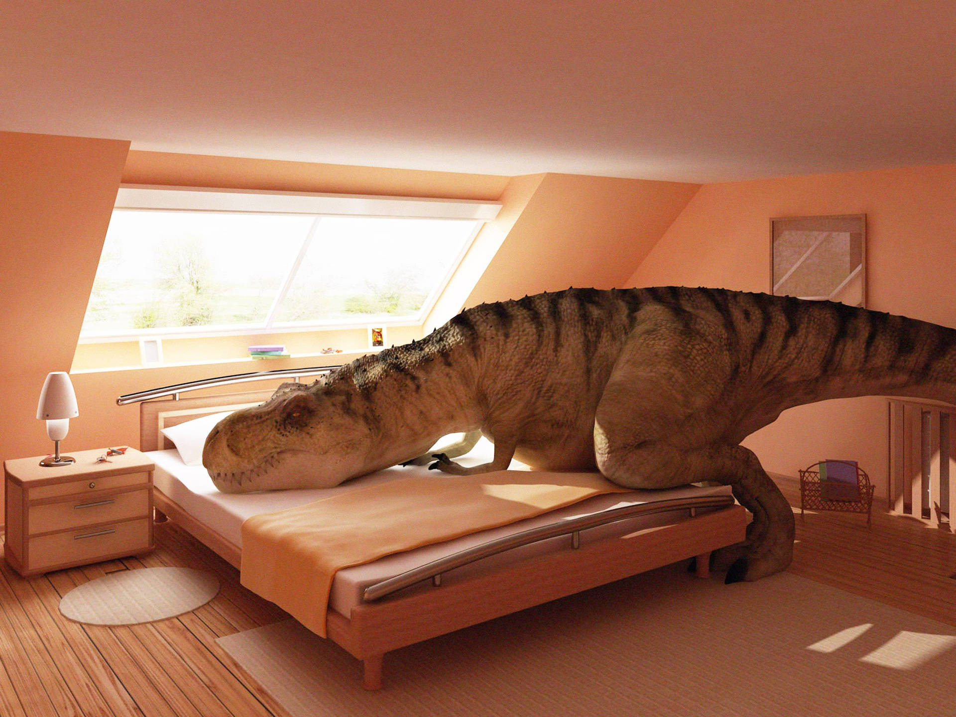 Weird Dinosaur On Bed Background