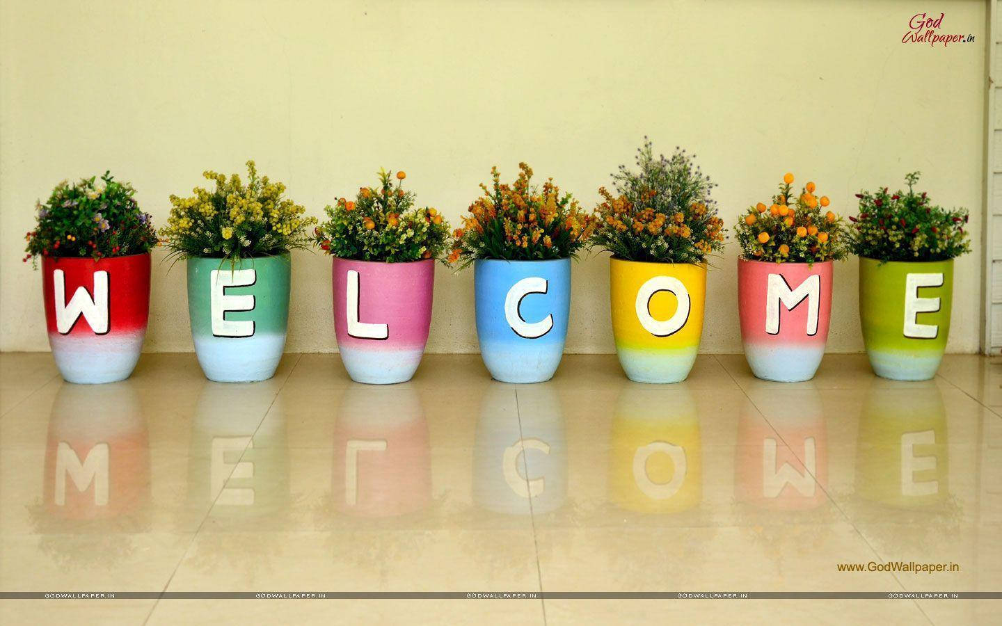 Welcome Letters On Flower Pots Background
