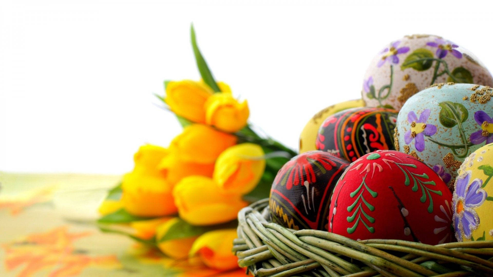 Welcome The Season Of Joy With Easter Eggs And Yellow Tulips! Background