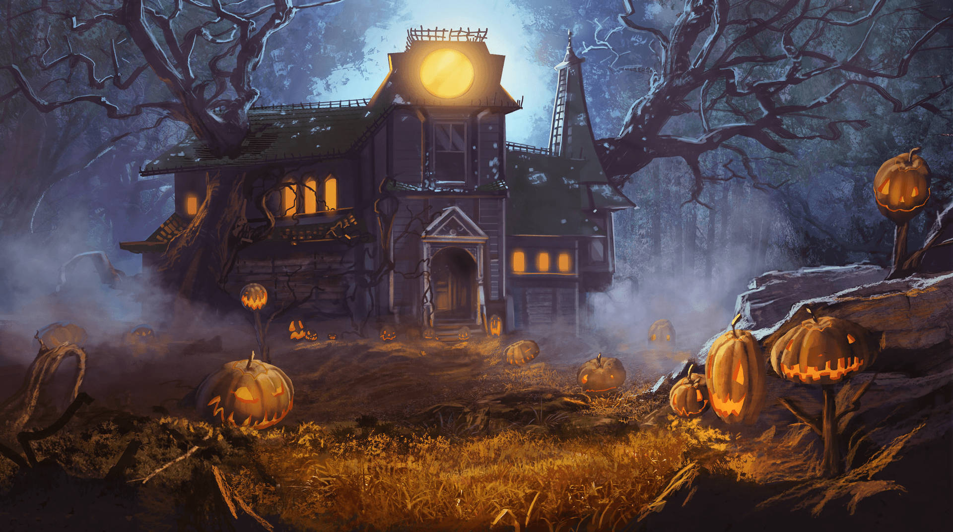 Welcome To The Dark And Spooky Haunted House On Halloween Night! Background