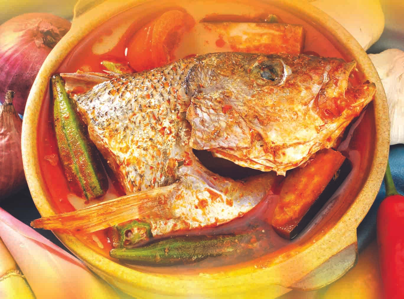 Well Seasoned Fish Head Curry Top View Shot Background