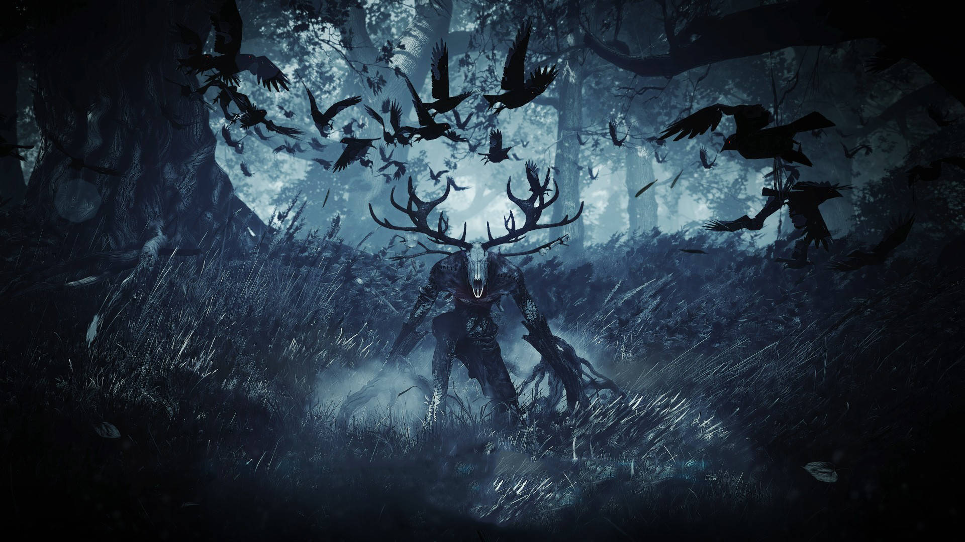 Wendigo Surrounded By Crows Background
