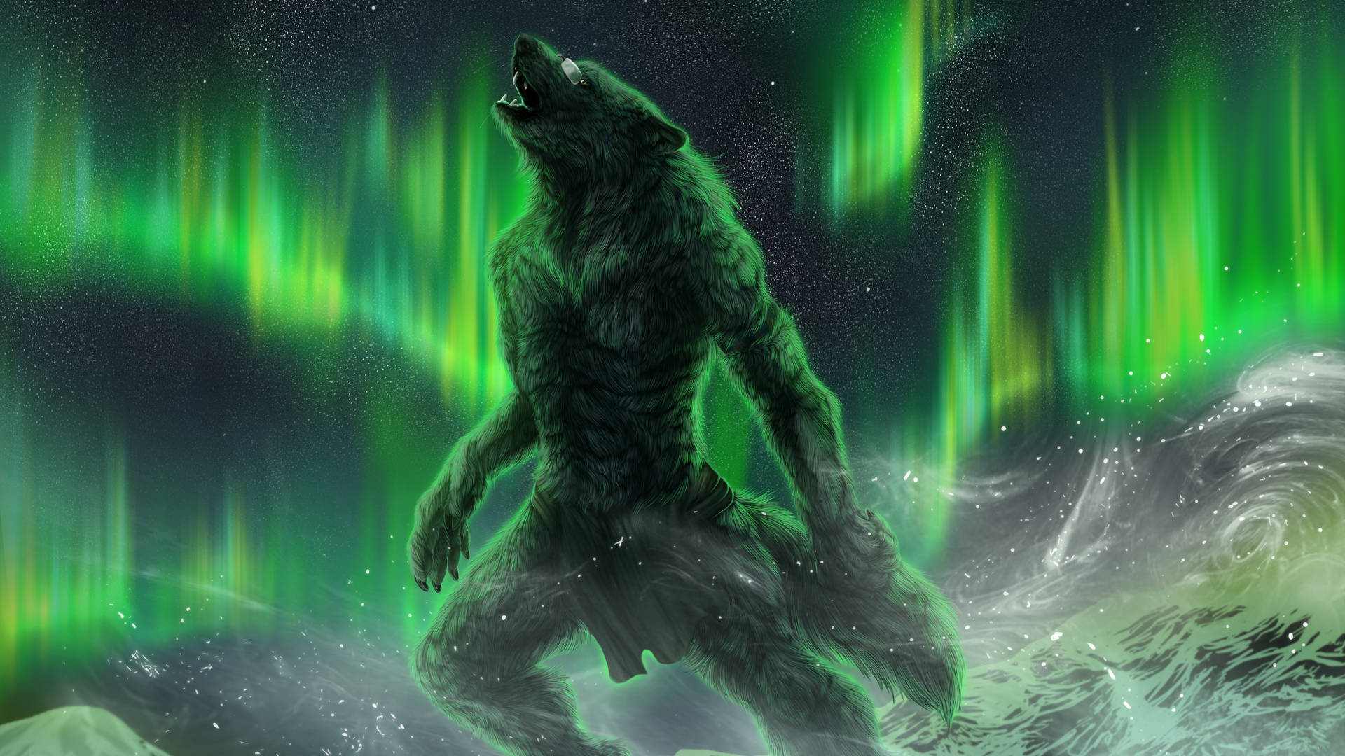 Werewolf Howling Aurora Night Background