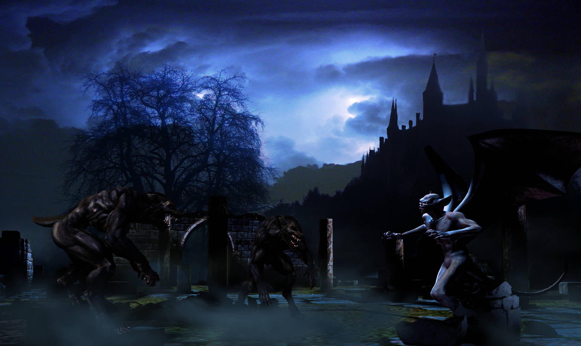 Werewolf Vs Demon At Castle Background
