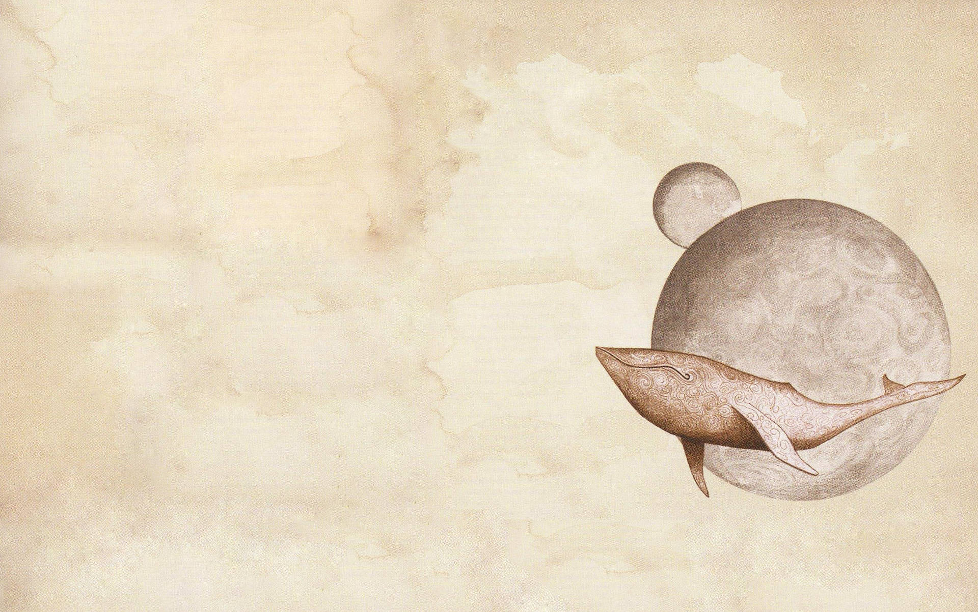 Whale Floating Near Two Moons Background