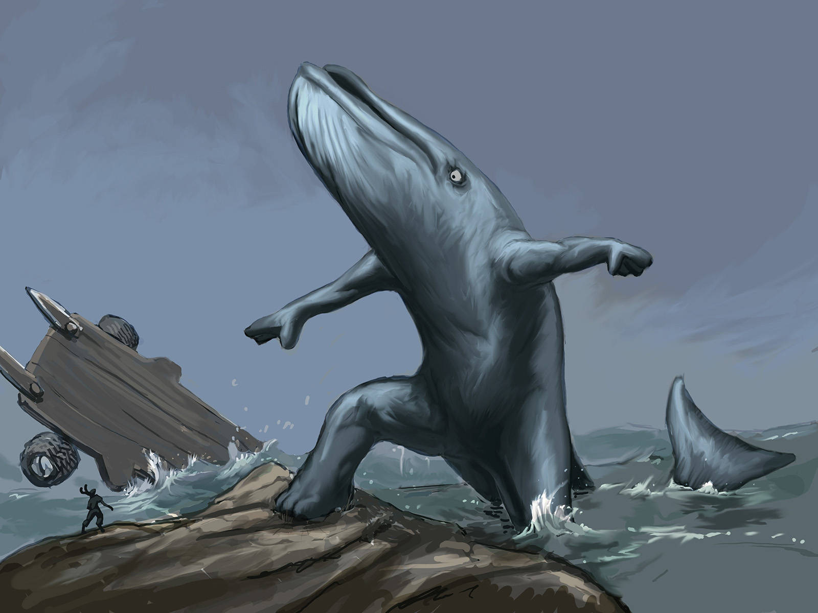 Whale Standing Upright Fighting A Man Background