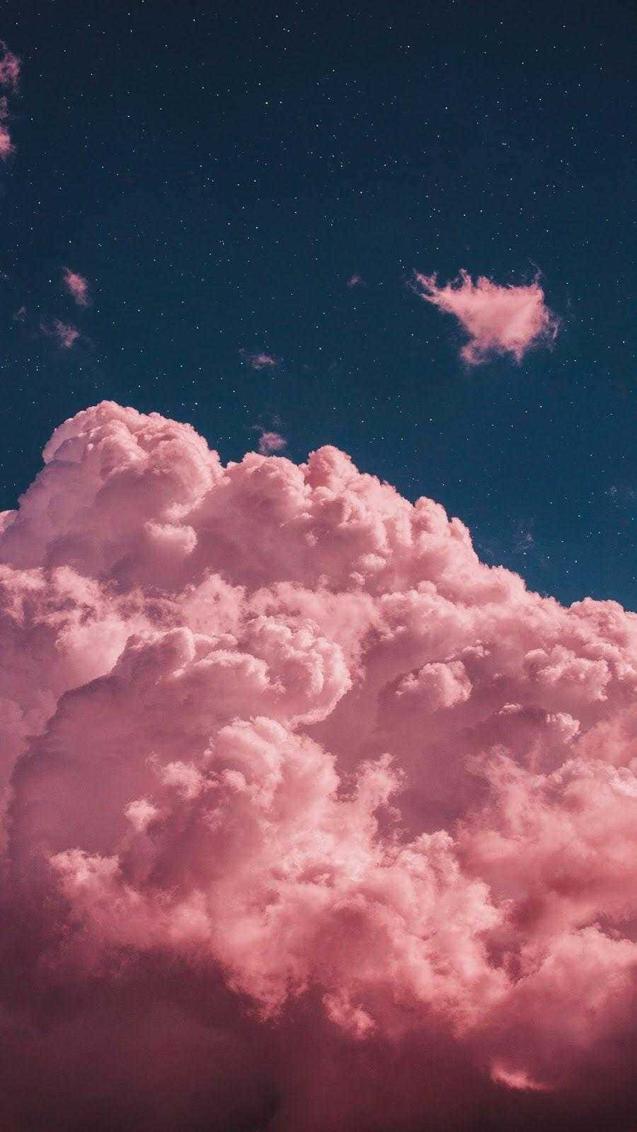 Whimsical Dreamy Sky- Cute Pink Clouds In Green Sky Background