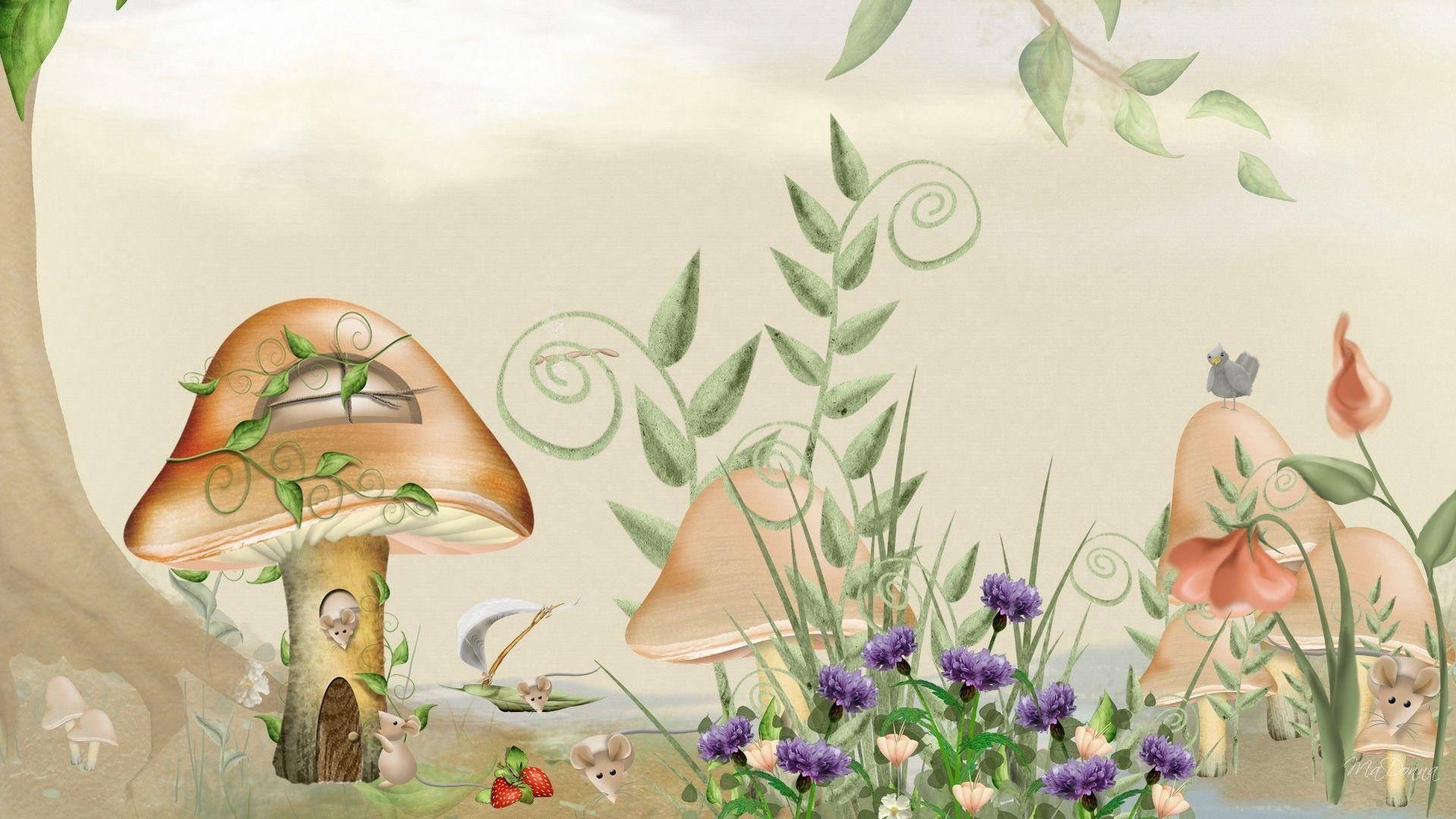 Whimsical Mushrooms With Rats Background